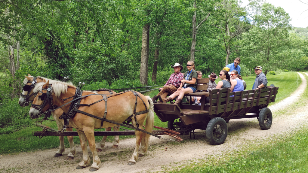 A group of people on a wagon ride at Sugar Creek
